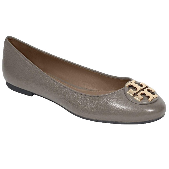 Tory Burch Shoes - Tory Burch Claire Ballet Flat French Gray Tumbled Leather Round Toe Gold Logo 9
